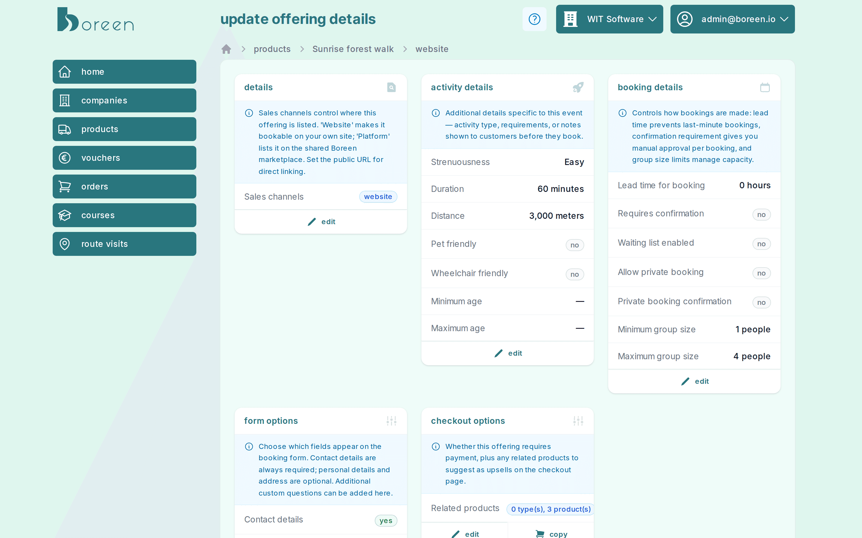 boreen backoffice: booking settings of an event with activity details and group sizes
