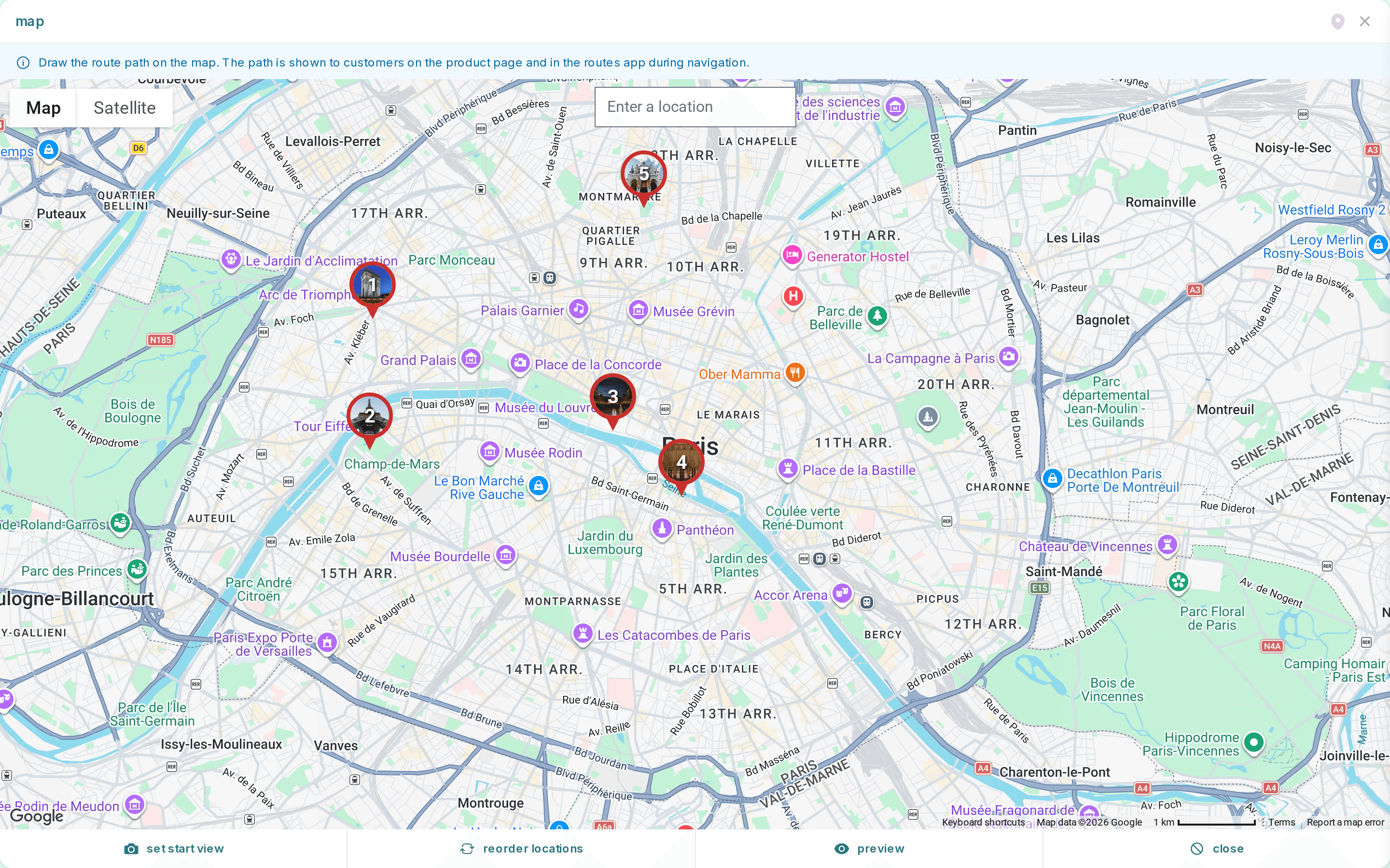 boreen backoffice: the map editor of the Discover Paris tour with five numbered locations