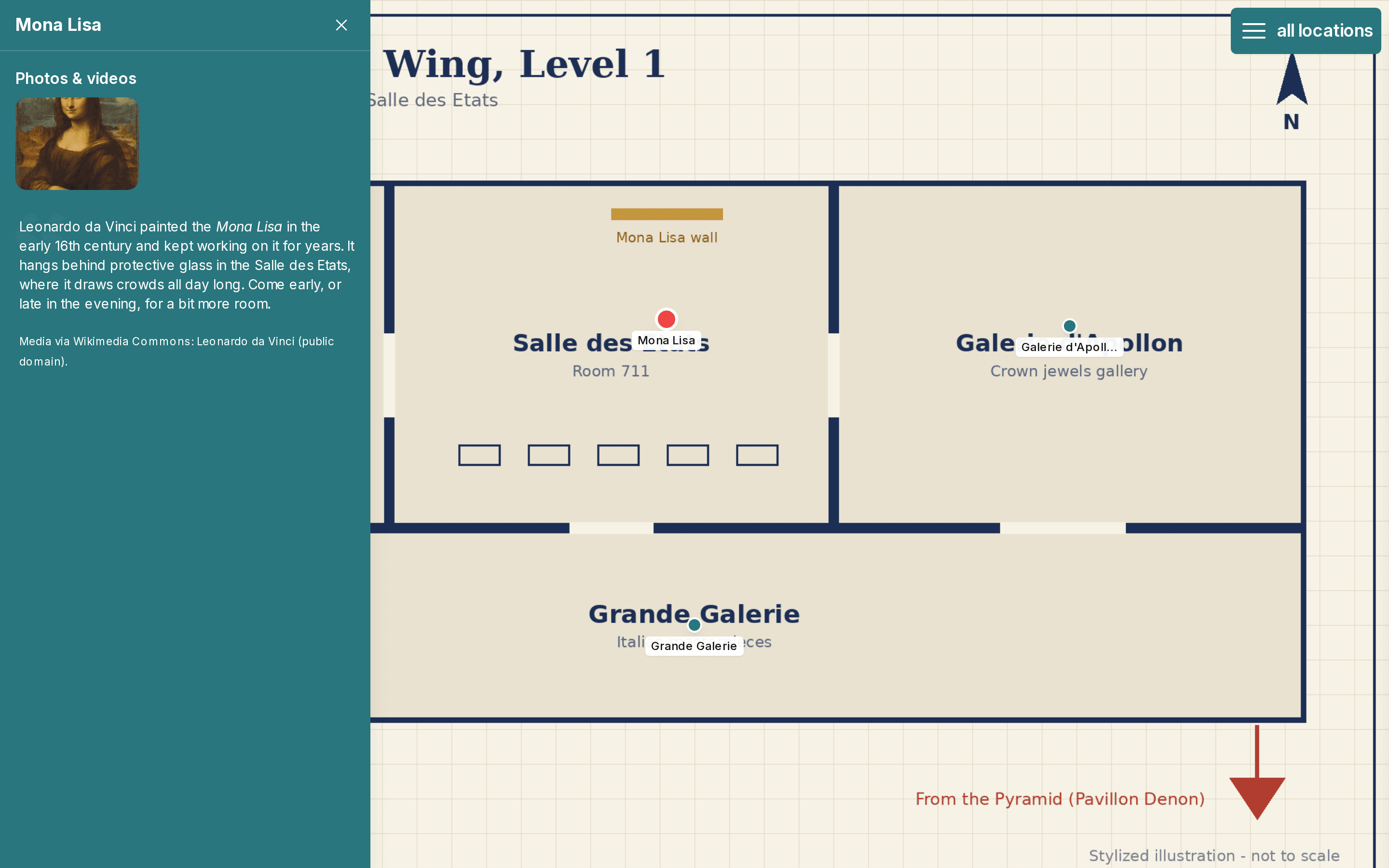 Floorplan of the Louvre's Denon Wing with the Mona Lisa pin selected and its story