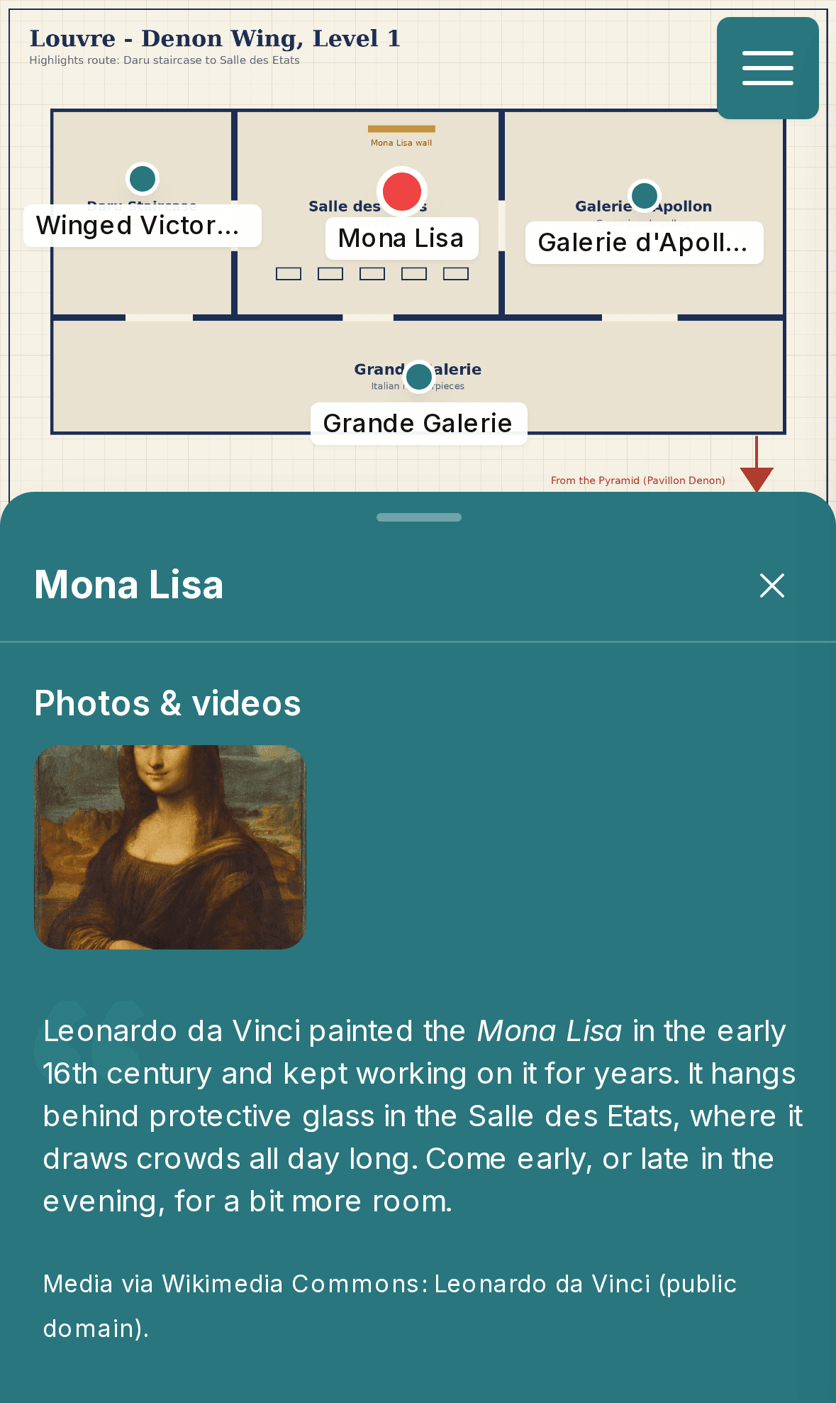 The same floorplan on a phone with the Mona Lisa story