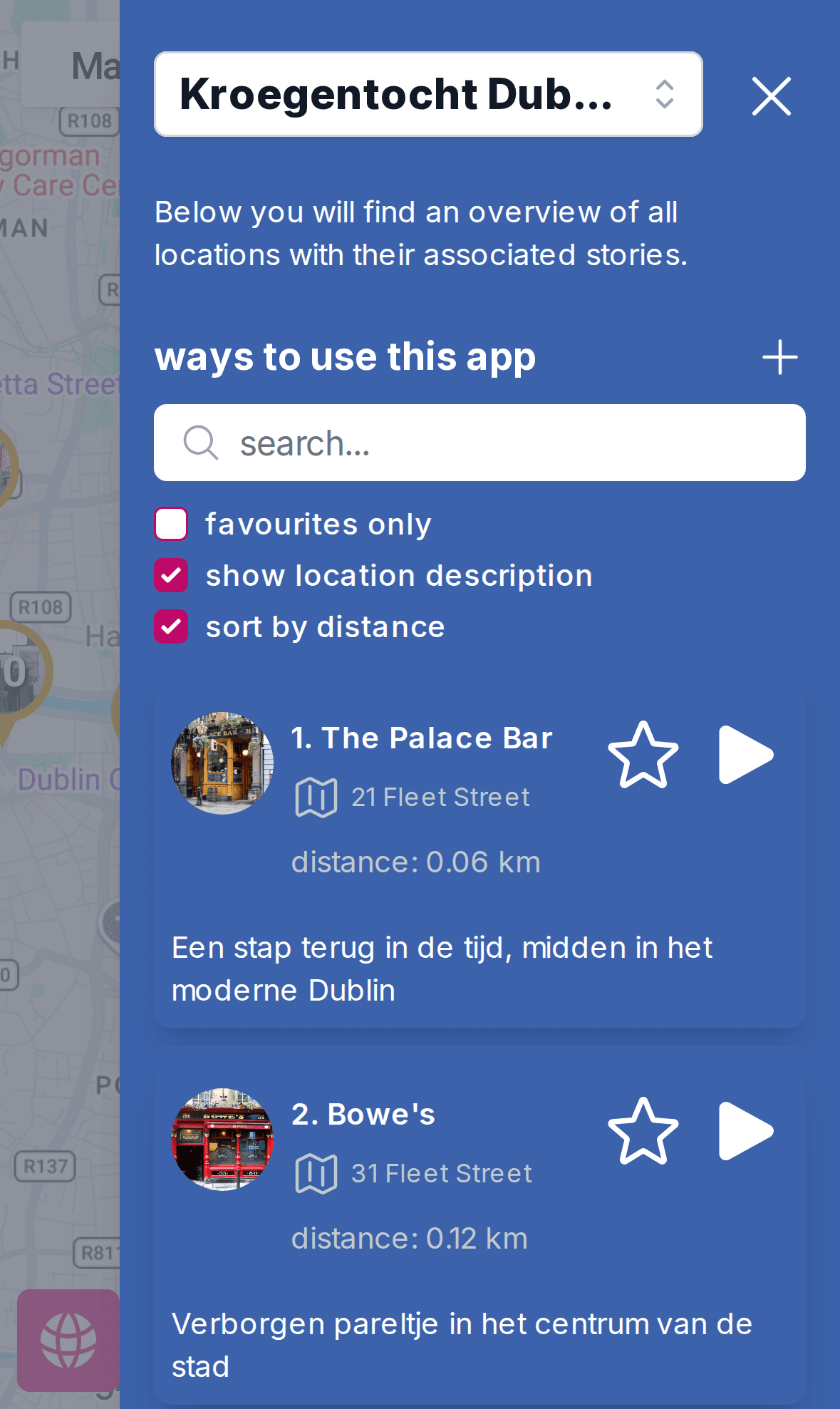 All locations of the Kroegentocht Dublin sorted by distance