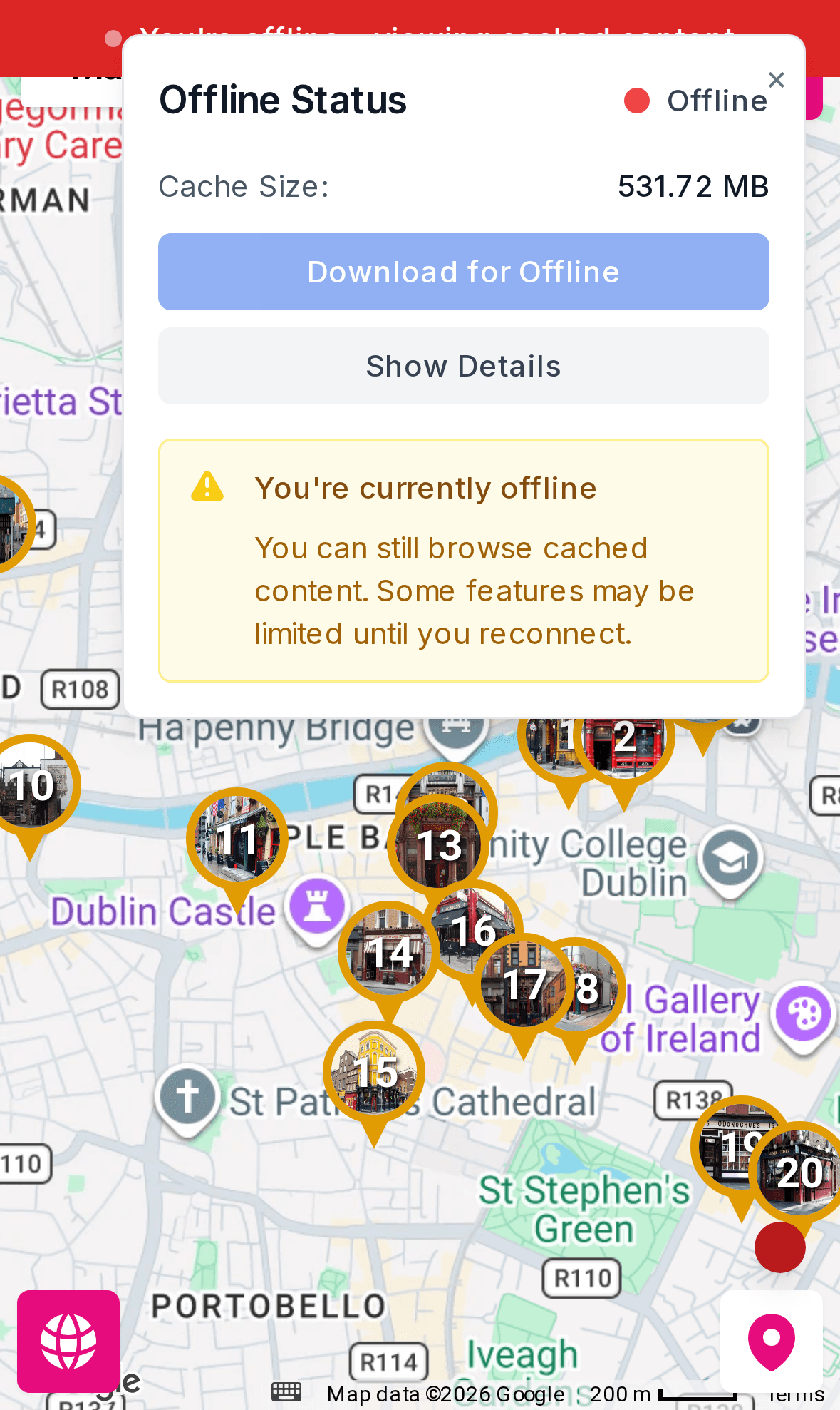 The tour still working without a connection, showing cached content