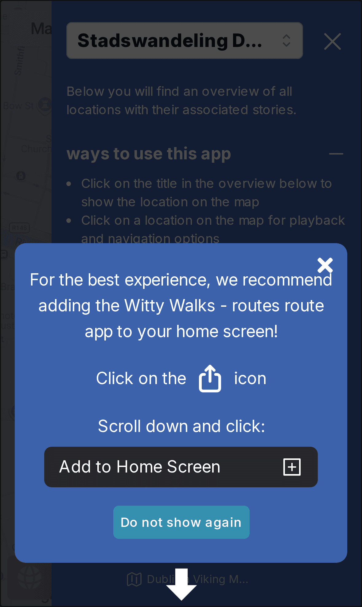 Prompt to add the tour to the home screen