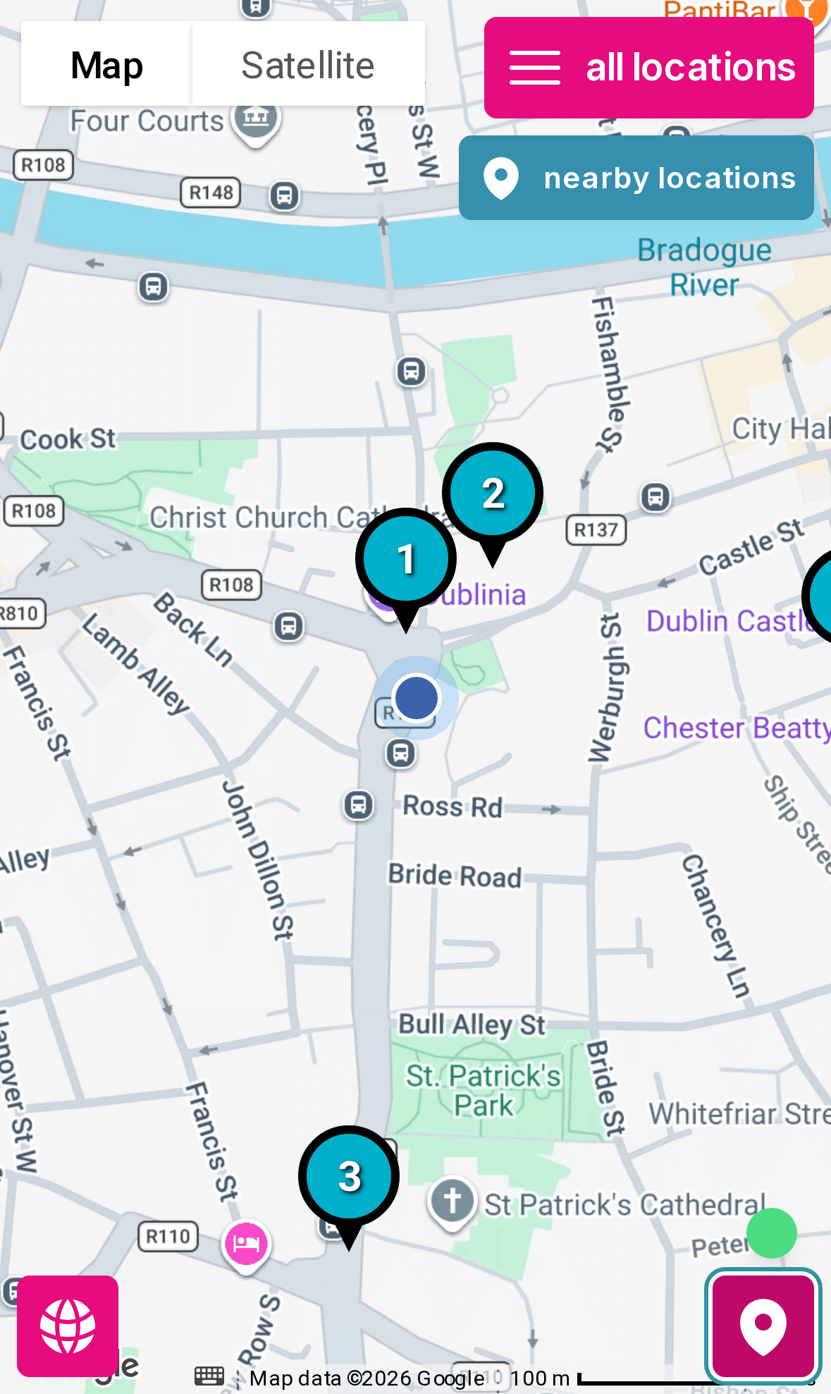 Stadswandeling Dublin: the map follows the visitor's live location between numbered stops