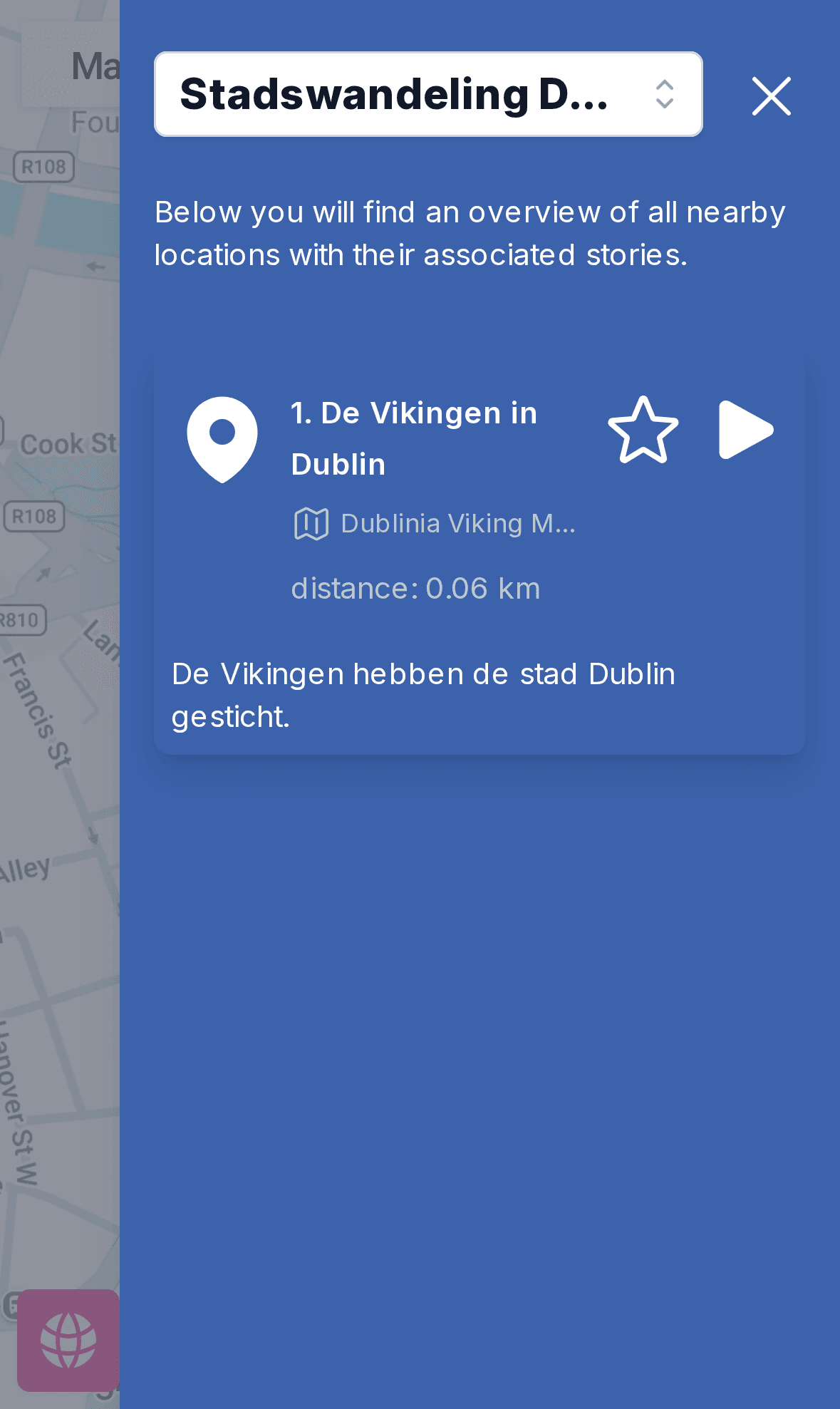 Nearby locations panel listing two stops at 0.02 km and 0.06 km