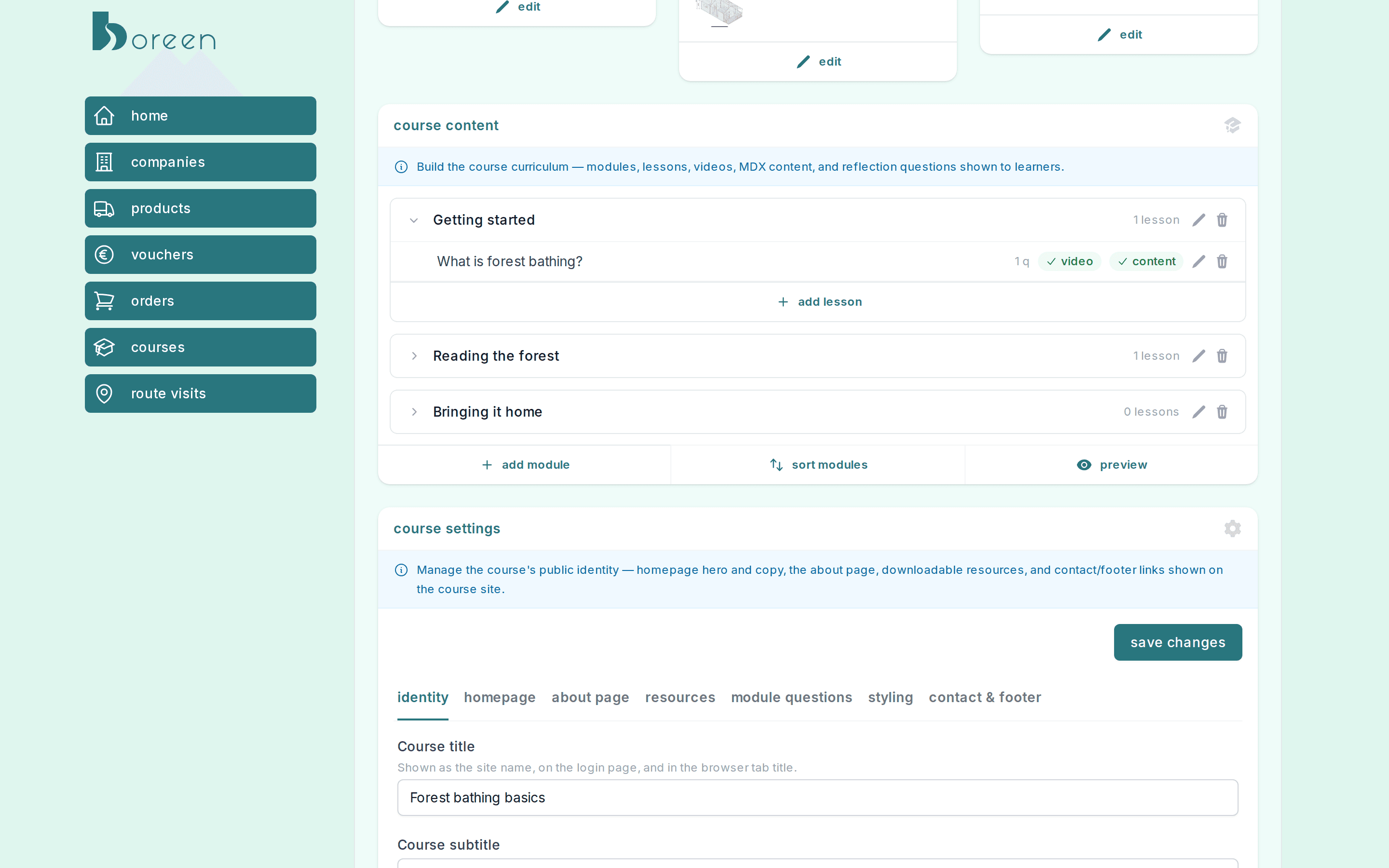 boreen backoffice: course content with modules and a lesson with video and content