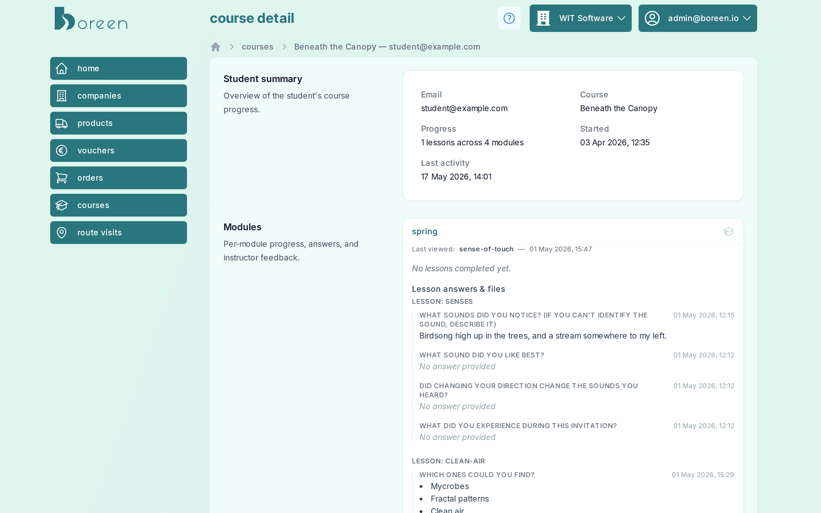 boreen backoffice: a student's progress and answers per lesson