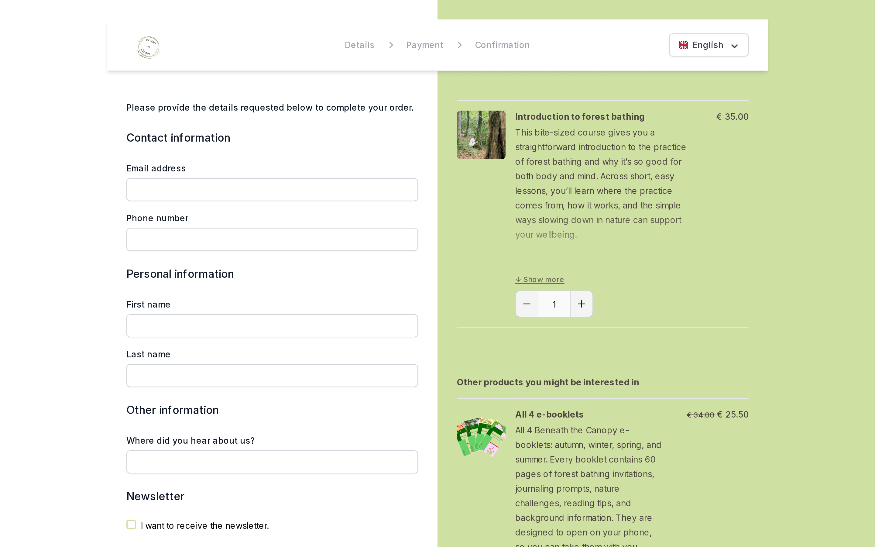 Checkout for the €35 course Introduction to forest bathing with related products