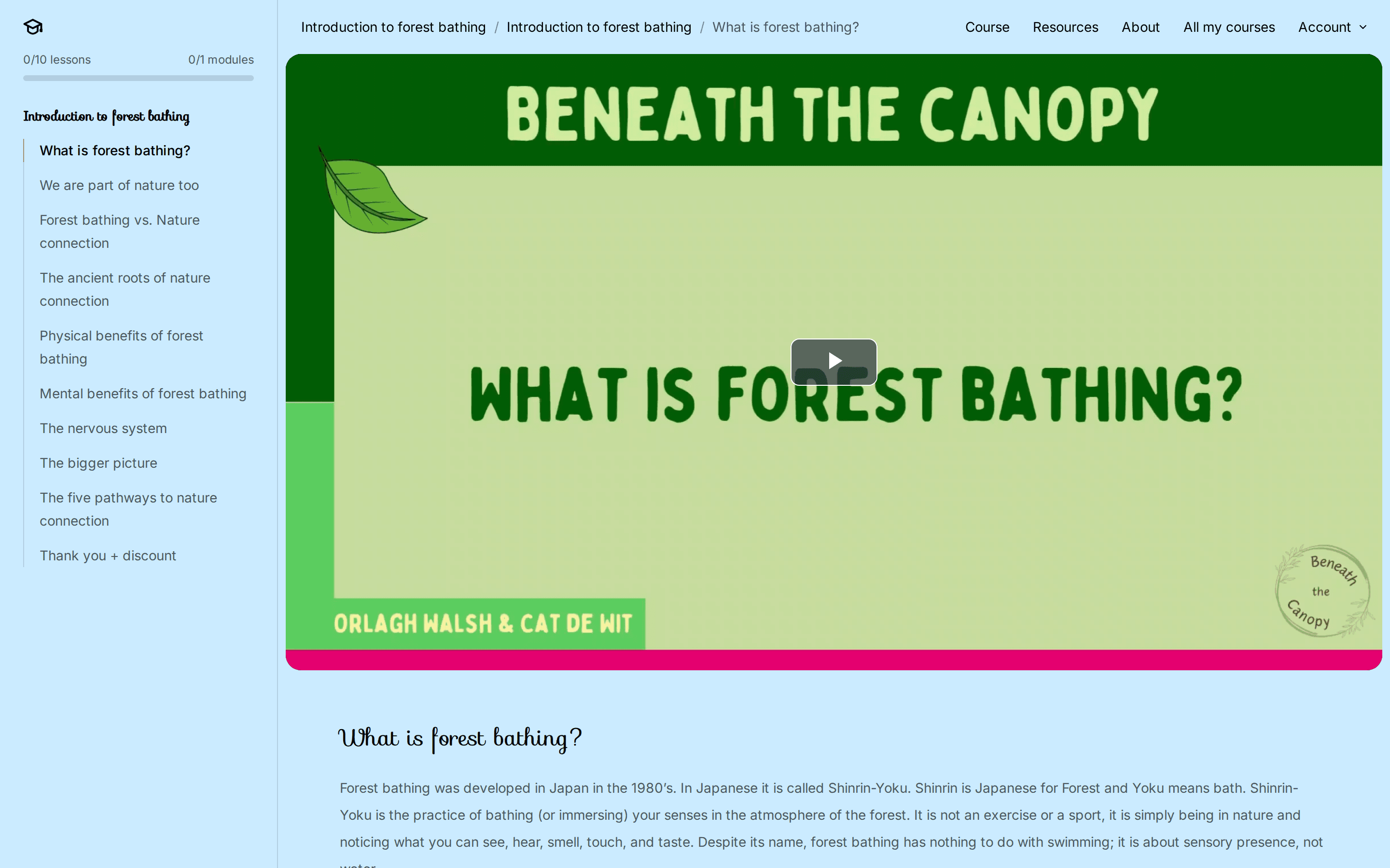 Lesson 'What is forest bathing?' with video and text